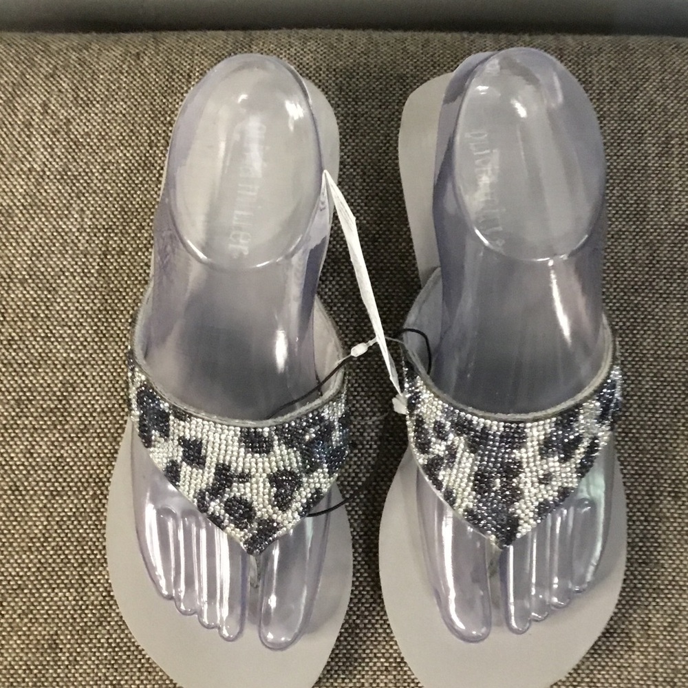 Olivia Miller gray wedge sandals with silver & black rhinestones, size 8, NWT.